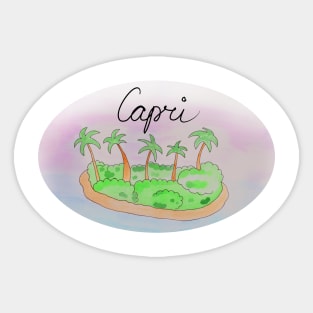 Capri watercolor Island travel, beach, sea and palm trees. Holidays and vacation, summer and relaxation Sticker